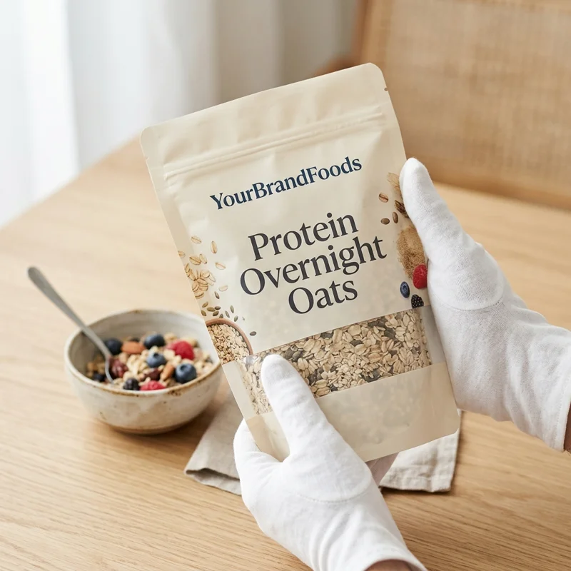 YourBrandFoods Protein Overnight Oats premium pouch in a posh studio setup for a clean-label D2C brand