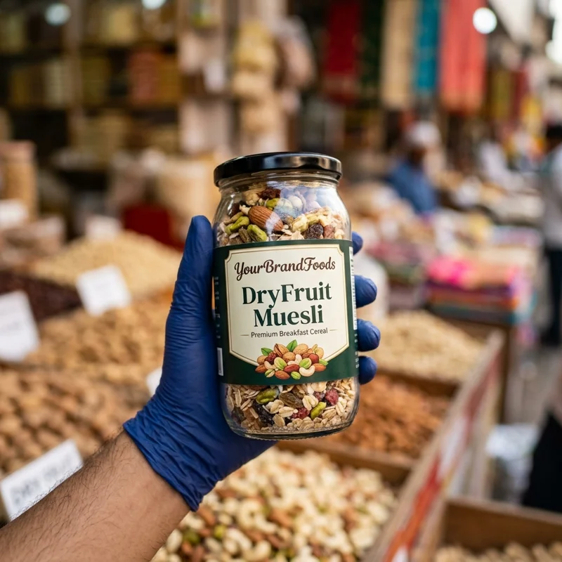 YourBrandFoods DryFruit Muesli premium transparent jar held in a food-safe glove inside an Indian dry fruit shop