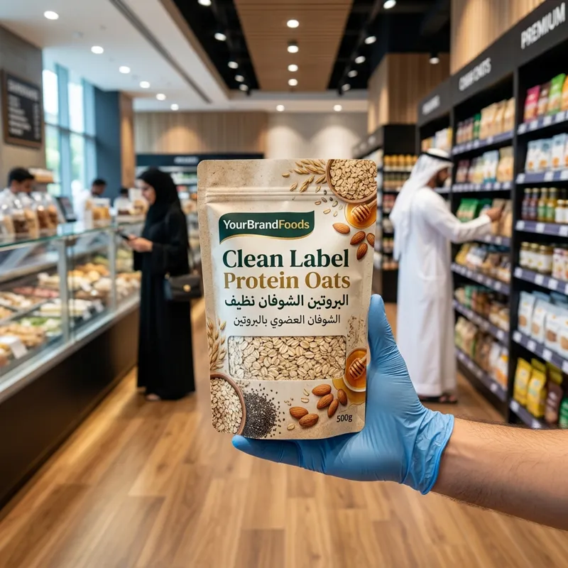 YourBrandFoods Clean Label Protein Oats premium pouch with Arabic font elements for Gulf market export