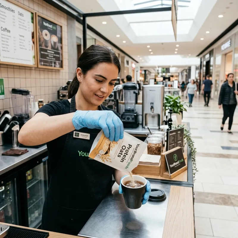 YourBrandFoods Protein Oats premium sachet being poured into a cup by a mall-side micro cafe operator