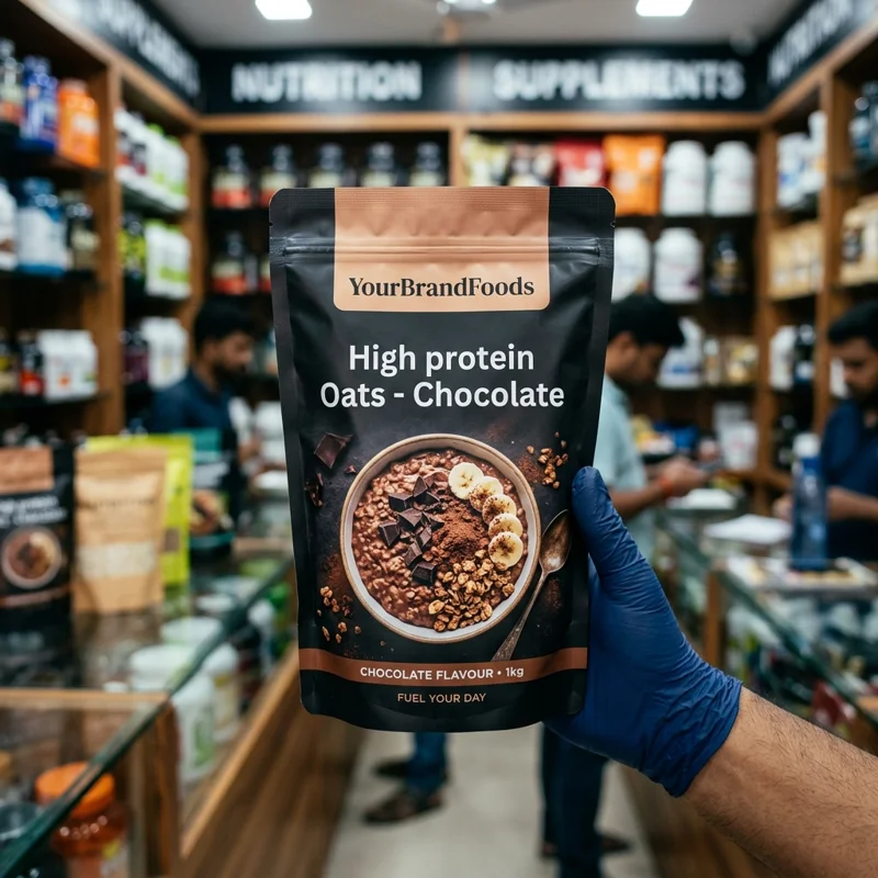 YourBrandFoods High Protein Oats pouch held in a food-safe glove inside an Indian nutrition supplement store