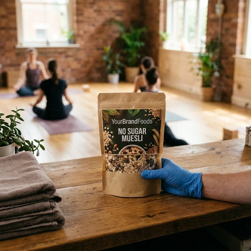YourBrandFoods NO SUGAR MUESLI premium package held in a food-safe glove on a serving counter in a yoga studio